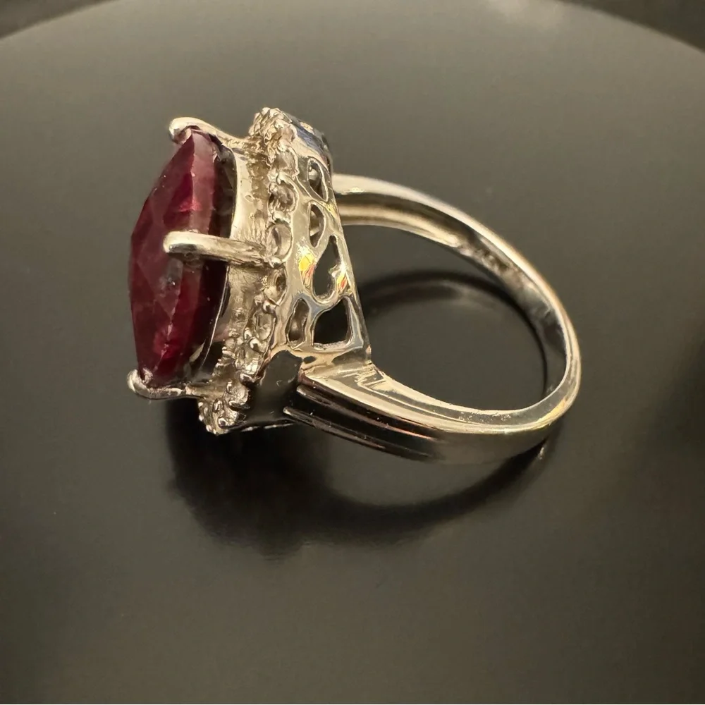 Large Faceted Ruby Sterling Silver Ring with White Topaz Halo
